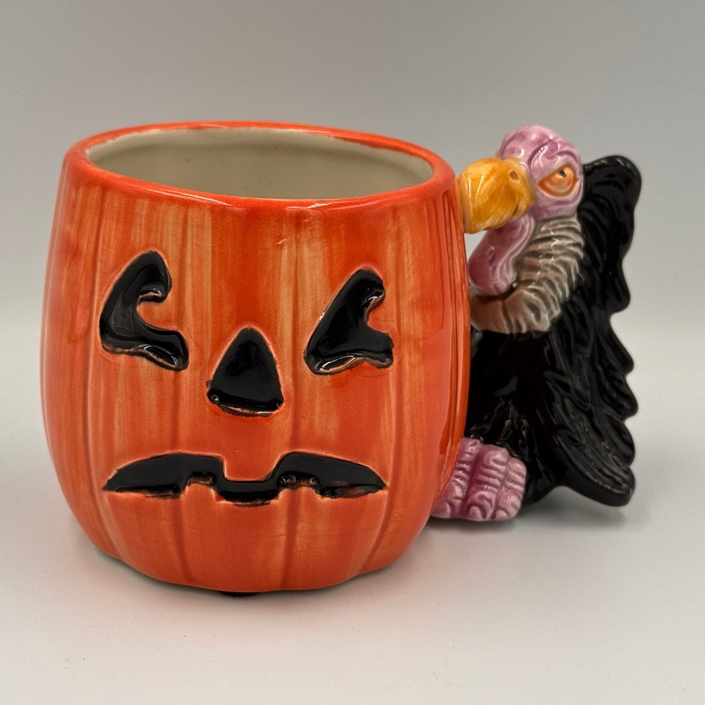 Vintage 1988 Fitz and Floyd Halloween Pumpkin Jack-O-Lantern Vulture Mug